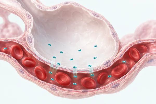 Ilustração esquemática de um alvéolo e capilar, com oxigênio no plasma entre as hemácias