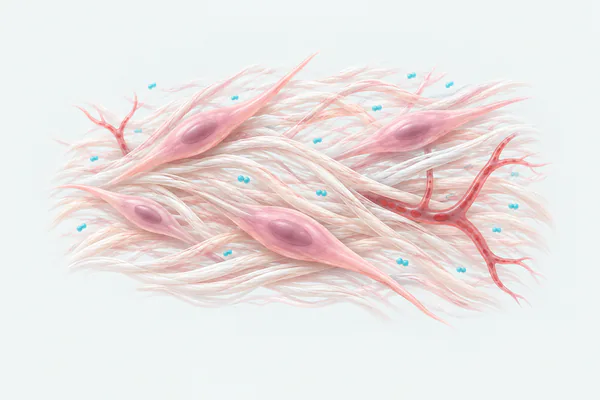 Ilustração esquemática de fibroblastos, fibras de colágeno e novos vasos no reparo tecidual